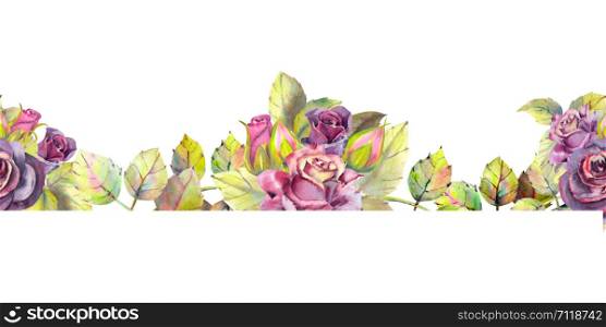 Dark roses, buds, leaves. Repeating summer horizontal border. Floral watercolor. Watercolor compositions for the design of greeting cards or invitations. Illustration. Dark roses, buds, leaves. Repeating summer horizontal border. Floral watercolor. Watercolor compositions for the design of greeting cards or invitations. Illustration.
