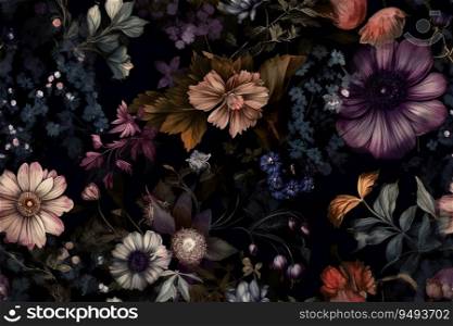 Dark seamless pattern with flowers. Applicable for fabric print, textile, wrapping paper, wallpaper. Botanical background with plants. Vintage, classic style. Repeatable texture. Generative AI. Dark seamless pattern with flowers. Applicable for fabric print, textile, wrapping paper, wallpaper. Botanical background with plants. Vintage, classic style. Repeatable texture. Generative AI.