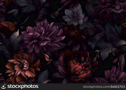 Dark seamless pattern with flowers. Applicable for fabric print, textile, wrapping paper, wallpaper. Botanical background with plants. Vintage, classic style. Repeatable texture. Generative AI. Dark seamless pattern with flowers. Applicable for fabric print, textile, wrapping paper, wallpaper. Botanical background with plants. Vintage, classic style. Repeatable texture. Generative AI.