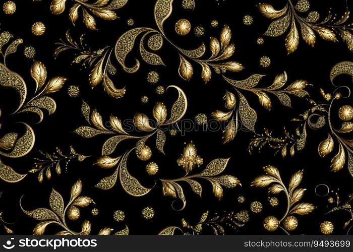 Dark seamless pattern with golden ornaments. Applicable for fabric print, textile, wrapping paper, wallpaper. Background with leaves. Vintage, classic style. Repeatable texture. Generative AI. Dark seamless pattern with golden ornaments. Applicable for fabric print, textile, wrapping paper, wallpaper. Background with leaves. Vintage, classic style. Repeatable texture. Generative AI.