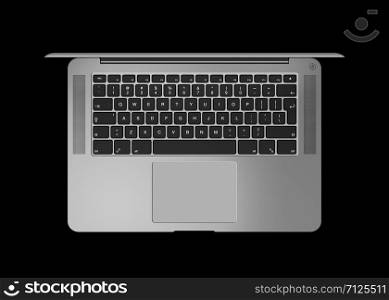 Dark silver Open laptop. Top view 3D render illustration isolated on black. Dark silver Open laptop. Top view 3D render isolated on black