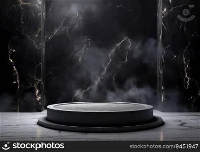 Dark stone podium for beauty and spa cosmetic brand product placement on black background wall. Luxury granite natural material and neutral aesthetic bathroom shelf. Minimal trendy mockup template. AI Generative.