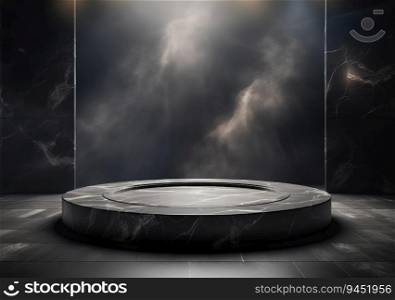 Dark stone podium for beauty and spa cosmetic brand product placement on black background wall. Luxury granite natural material and neutral aesthetic bathroom shelf. Minimal trendy mockup template. AI Generative.