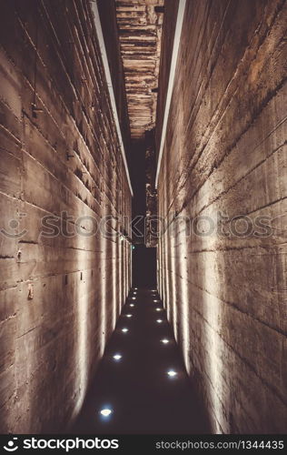 Dark tunnel corridor in a war bunker. Dark tunnel in a bunker