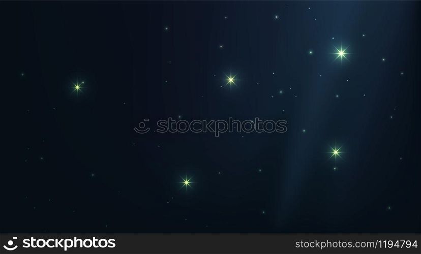 Dark universe night sky with shining stars. Constellation shadow deep blue background. Bright vector space galaxy illustration. Stardust particle wallpaper