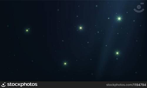 Dark universe night sky with shining stars. Constellation shadow deep blue background. Bright vector space galaxy illustration. Stardust particle wallpaper