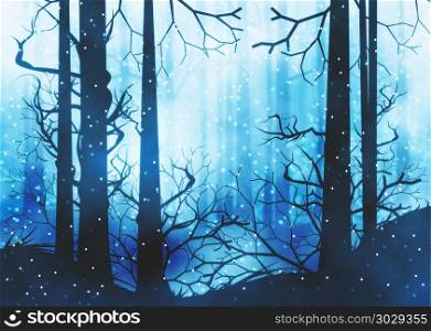 Dark Winter Forest. Winter foggy forest at night with trees silhouettes illustration.