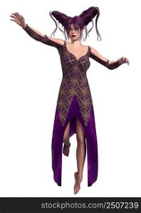 Dark witch or elf woman wear fantasy purple outfit and hair, 3D Illustration.