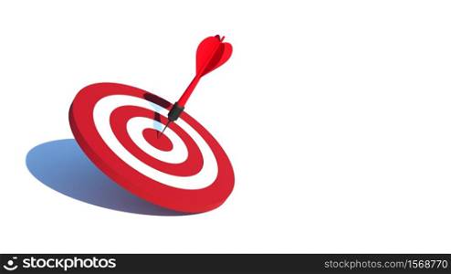 Dart arrow hitting target center dartboard. Business targeting focus concept. 3D rendering