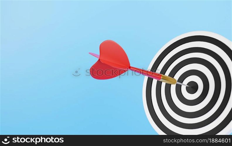 Dart arrow hitting to center on bullseye (bull&rsquo;s-eye) dartboard is target of purpose challenge business on blue background, expert marketing strategy target, objective goal success, 3D rendering
