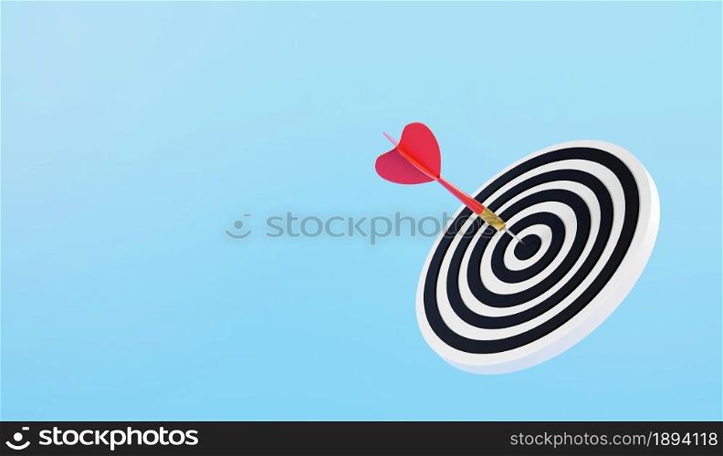 Dart arrow hitting to center on bullseye (bull&rsquo;s-eye) dartboard is target of purpose challenge business on blue background, expert marketing strategy target, objective goal success, 3D rendering
