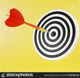 Dart arrow hitting to center on bullseye (bull&rsquo;s-eye) dartboard is target of purpose challenge business on yellow background, expert marketing strategy target, objective goal success, 3D rendering