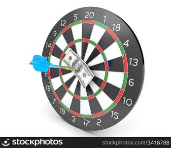 Dart hit hunderd dollars on a board, isolated on white background