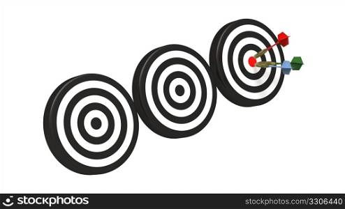 Dart on bull&rsquo;s eye of a third dartboard isolated on white