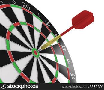 Dart stuck in a board diagonal view isolated on white background