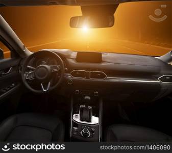 Dashboard inside car. Element of design. Travel and transportation scene. Drive at night.