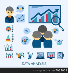 Data analysis concept flat icons composition. Data analysis software for new business startup market research flat icons composition poster abstract isolated vector illustration