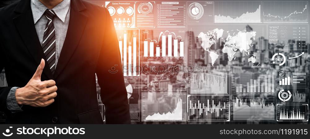 Data Analysis for Business and Finance Concept. Graphic interface showing future computer technology of profit analytic, online marketing research and information report for digital business strategy.