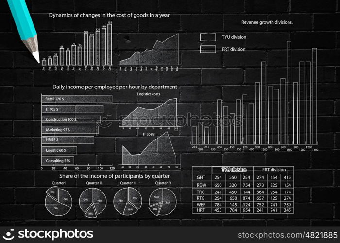 Data analysis. Market concept with pencil drawing graphs and diagrams