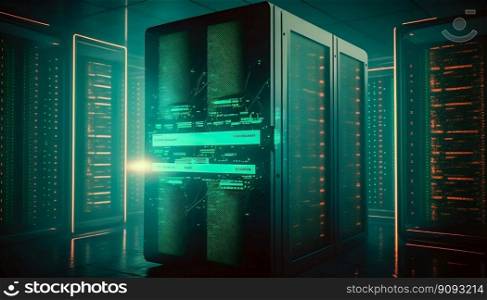 Data center and computer servers with information background. Generative AI. High quality illustration. Data center and computer servers with information background. Generative AI