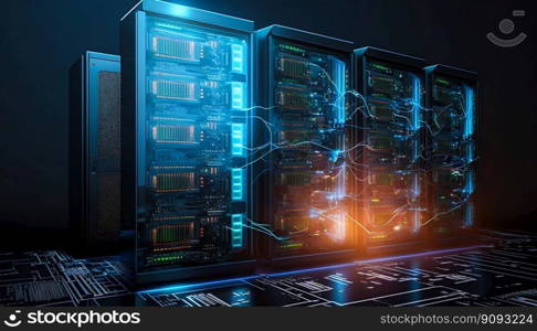 Data center and computer servers with information background. Generative AI. High quality illustration. Data center and computer servers with information background. Generative AI