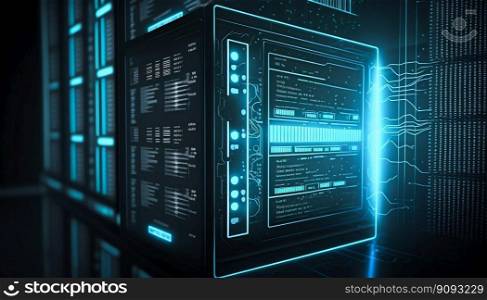 Data center and computer servers with information background. Generative AI. High quality illustration. Data center and computer servers with information background. Generative AI