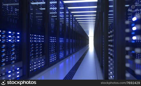 Data Center Computer Racks In Network Security Server Room. Cryptocurrency Mining Farm or Hosting Storage Connected Dots Programming Code And Binary Concept. 3D render dark blue