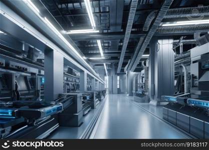 data center with automated conveyor belts, robotic arms, and other high-tech equipment, created with generative ai. data center with automated conveyor belts, robotic arms, and other high-tech equipment