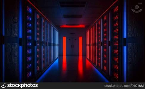 Data center with rows of servers. Big data storage room with many blinking lights. Generative AI.. Data center with rows of servers. Big data storage room with many blinking lights. Generative AI