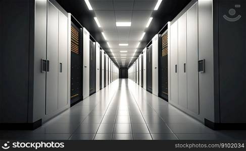 Data center with rows of servers. Big data storage room with many blinking lights. Generative AI.. Data center with rows of servers. Big data storage room with many blinking lights. Generative AI