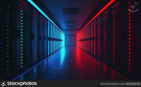 Data center with rows of servers. Big data storage room with many blinking lights. Generative AI.. Data center with rows of servers. Big data storage room with many blinking lights. Generative AI