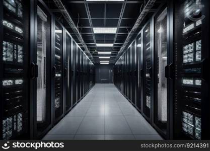 data center with stacks of high-density storage systems and networking gear, created with generative ai. data center with stacks of high-density storage systems and networking gear