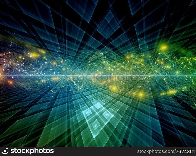 Data in Space. Virtual Wave series. Design composed of horizontal sine waves and light particles on the subject of data transfer, virtual, artificial, mathematical reality.