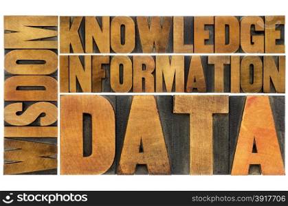 data, information, knowledge and wisdom - word abstract in vintage letterpress wood type