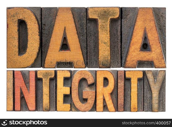 data integrity isolated word abstract in vintage letterpress wood type