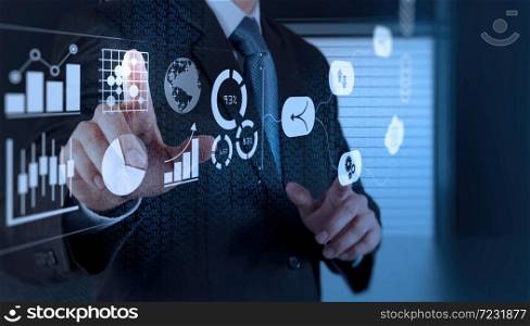 Data Management System (DMS) with Business Analytics concept. businessman working with provide information for Key Performance Indicators (KPI) and marketing analysis onn virtual computer