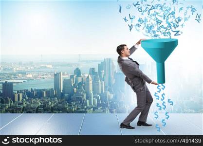 Data monetization concept with the funnel and businessman. Data monetization concept with funnel and businessman