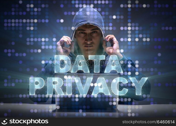 Data privacy concept with hacker stealing personal information