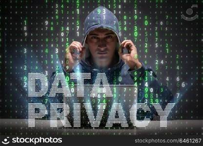 Data privacy concept with hacker stealing personal information