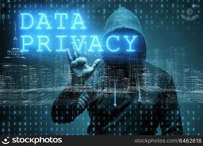 Data privacy concept with hacker stealing personal information