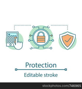 Data protection concept icon. Data encryption. Cybersecurity idea thin line illustration. Password. Security system. Vector isolated outline drawing. Editable stroke. Data protection concept icon