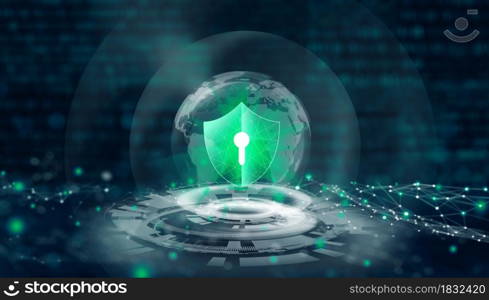 Data protection Cyber Security Privacy. Shield with Keyhole icon in global business internet technology with abstract blue background. Information Privacy Protection Concept. 3D Rendering.