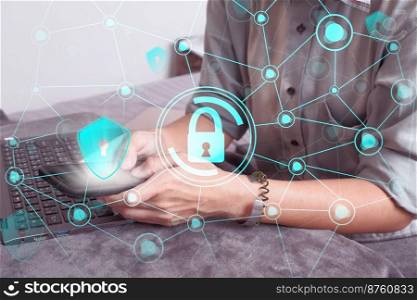 Data protection privacy concept. GDPR. Cyber security network. Hand touch black tablet with digital hologram lock, padlock sign. Innovative, and global network connection, Data exchanges