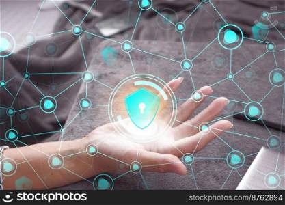 Data protection privacy concept. GDPR. Cyber security network. Hand touch black tablet with digital hologram lock, padlock sign. Innovative, and global network connection, Data exchanges