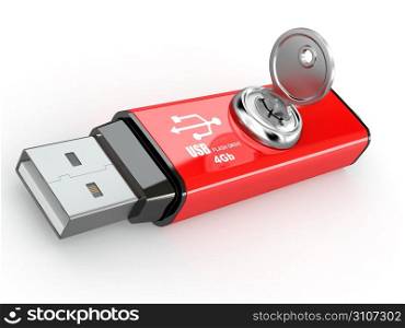 Data security. Information protection. Usb flash memory and key. 3d
