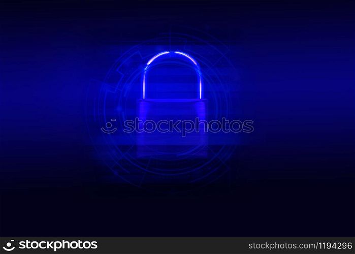 Data security systems computer with locked padlock on blue dark for protect crime by an anonymous hacker / technology background cyber security concept