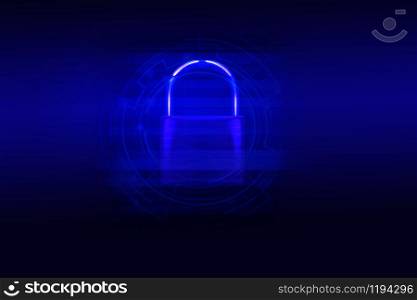 Data security systems computer with locked padlock on blue dark for protect crime by an anonymous hacker / technology background cyber security concept
