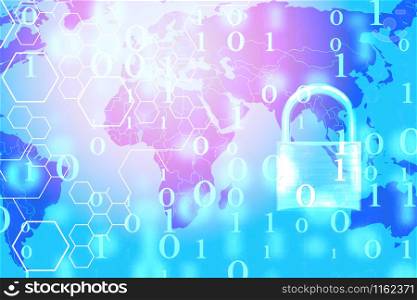 Data security systems computer with locked padlock on digital number and world map for protect crime by an anonymous hacker internet and data network / technology background cyber security concept