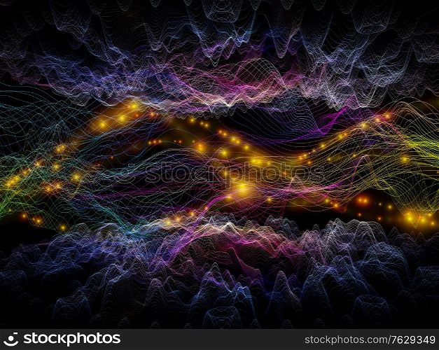 Data Space. Virtual Wave series. Composition of horizontal sine waves and light particles on theme of data transfer, virtual, artificial, mathematical reality.