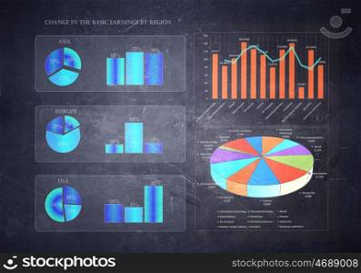 Data statistics background. Diagrams and graphs on wall blackboard blackground